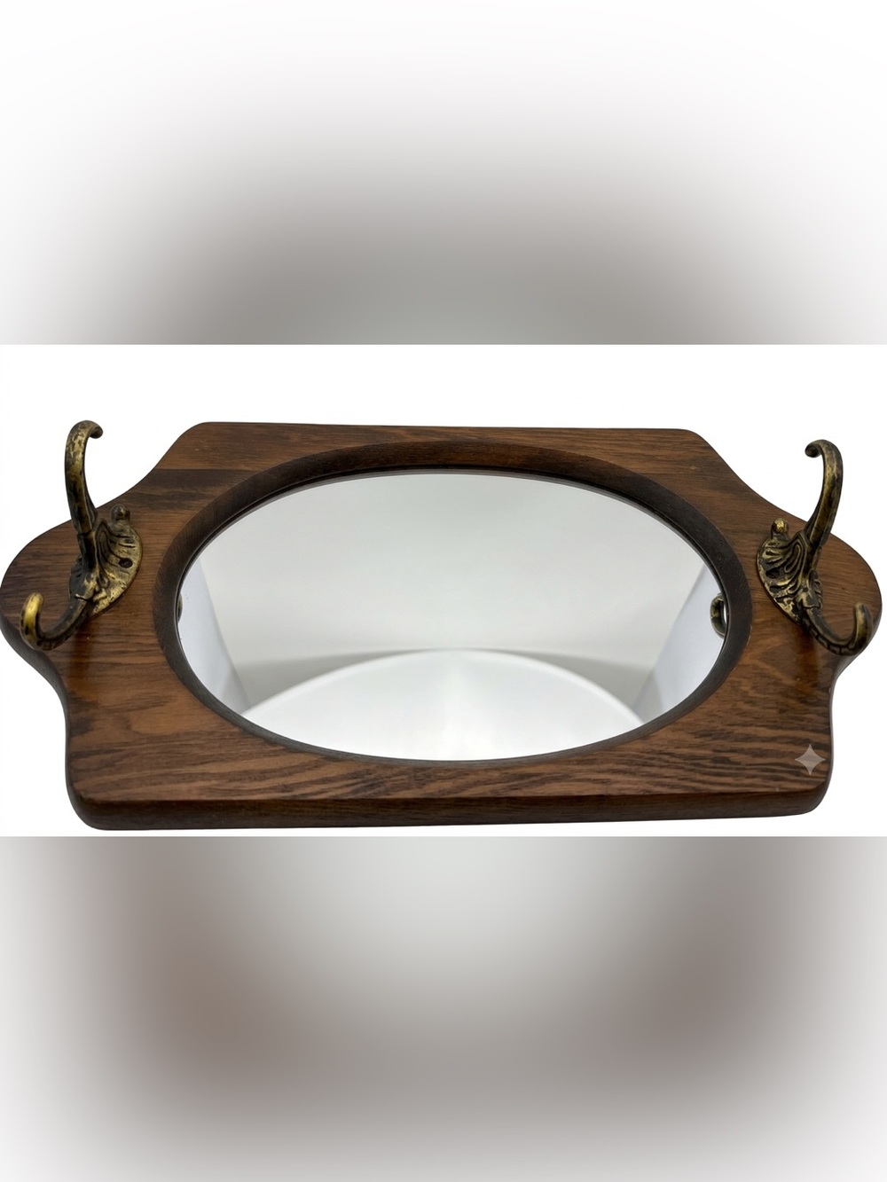 Vintage Wood Oval Wall Mirror with Ornate Brass Coat Key Hooks Entryway Decor